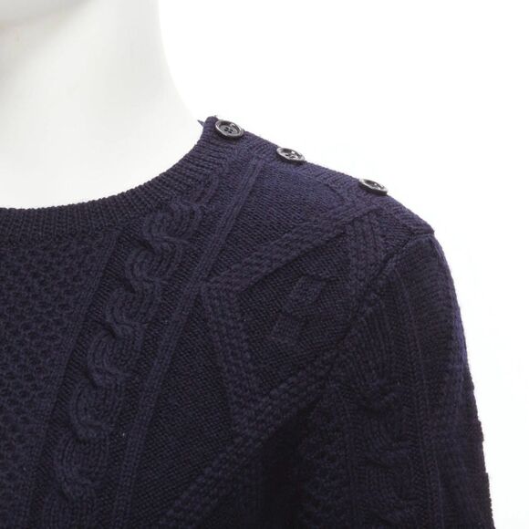 APC Navy Blue 100% Wool Cable Knit Crewneck Sweater Men’s Small Button Shoulder - Picture 2 of 10